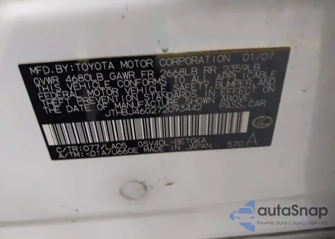 2007 Lexus Es 350 из США, поврежденный, VIN JTHBJ46G272093442